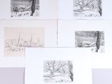 plusieurs dessins représentant des arbres et une maison dans un paysage enneigé