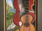 painting of a guitar, violin, trumpet, and other musical instruments