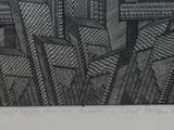 a black and white drawing of a city with tall buildings