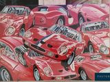 tableau représentant un groupe de voitures de sport rouges garées sur un parking