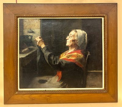 painting of an old woman holding a glass of wine in front of a window