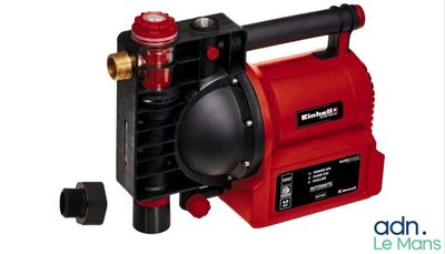 the pump is red and black and has a red valve