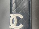 chanel black leather wallet with white cc logo