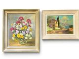 un tableau représentant des fleurs dans un vase et une image d'une maison sur une colline