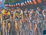 a painting of a group of cyclists riding down the street
