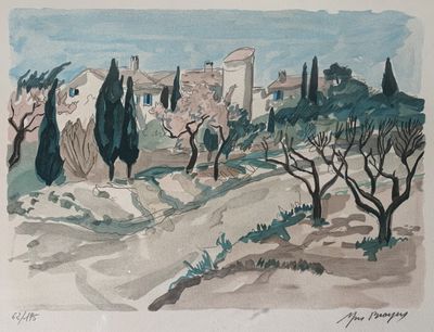 a watercolor painting of a village with trees in the foreground