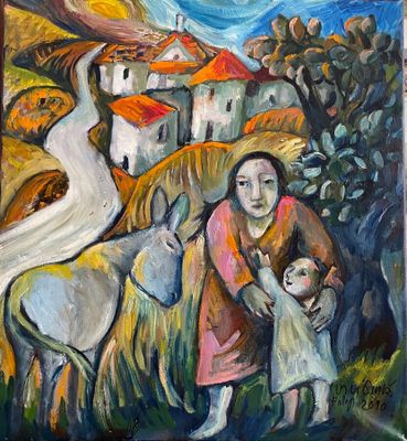 une peinture à l'huile représentant une femme et un enfant avec une chèvre