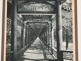 a black and white photo of a walkway in a park