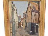 une peinture à l'huile représentant une scène de rue avec un cheval et une calèche