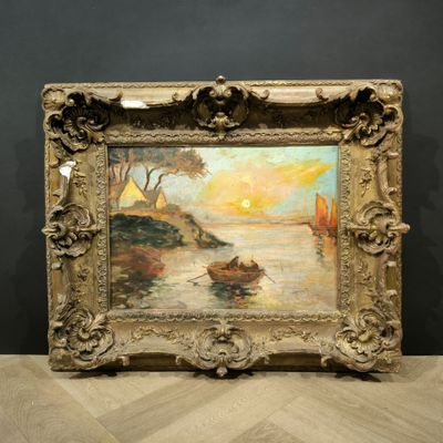 an image of a painting of a boat on a body of water with a sunset in the background