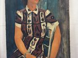 painting of a woman sitting on a chair in front of a white brick wall