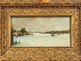 une peinture à l'huile représentant une scène fluviale avec des bateaux sur l'eau