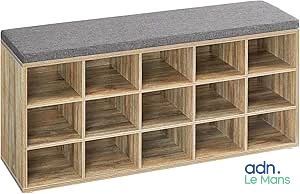 wooden storage bench with grey cushion