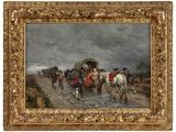 une image représentant un tableau où l'on voit un groupe de personnes à cheval tirant un chariot bâché
