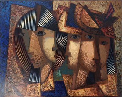 tableau représentant les visages d'un homme et d'une femme portant des chapeaux