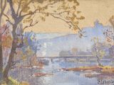 an image of a painting of a river with a bridge in the background