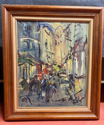 une peinture à l'huile représentant une scène de rue avec des personnes marchant dans la rue