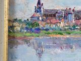 a picture of a painting of a town by the water