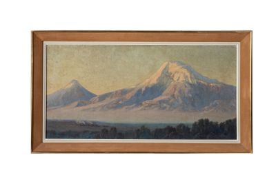 l'image d'une peinture représentant une montagne avec des arbres au premier plan