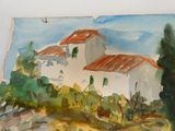une photo d'un tableau représentant une maison sur une colline