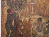une peinture à l'huile représentant un homme sur une échelle, avec une femme à ses côtés