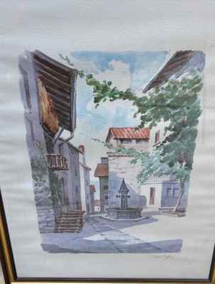 aquarelle encadrée représentant une scène de rue avec des bâtiments et des arbres