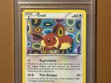 La carte Pokémon est dans un étui en plastique accroché au mur.