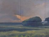 un tableau représentant un champ avec des arbres au loin