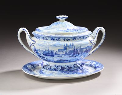 blue and white soup bowl and saucer on a plate with a lid