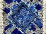 a blue and white mosaic tile with a square hole in the middle