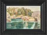 une peinture à l'huile représentant une rivière avec des rochers et des arbres en arrière-plan