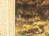 a painting of a woman standing under a tree in a park