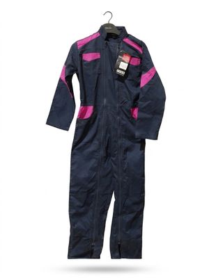 an image of a blue and pink coverall with a tag on it