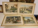 three framed pictures of a city and a bridge