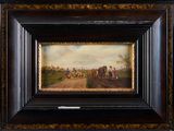 painting of a horse drawn carriage on a dirt road with a couple of men on it