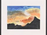 painting of a sunset over a mountain range with clouds in the sky