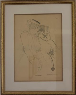 dessin encadré représentant un homme coiffé d'un chapeau et une femme en robe