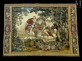 an image of a tapestry with a picture of a man and a woman on a swing