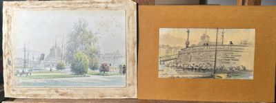 two paintings on a table with a chair in front of them