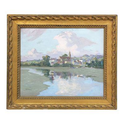 une image représentant une peinture d'une rivière avec une église en arrière-plan