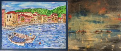 un tableau représentant un bateau sur l'eau, à côté d'un tableau représentant une ville