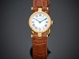 Cartier : une magnifique montre-bracelet en or 18 carats, avec cadran blanc et bracelet en cuir marron