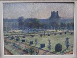 a painting of a garden with a castle in the background