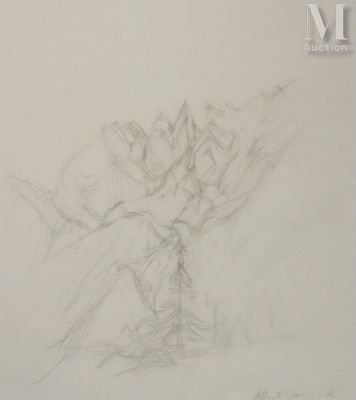 dessin au crayon représentant un vase rempli de fleurs posé sur une table