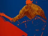 tableau représentant un homme jouant de la guitare électrique sur un fond rouge et bleu