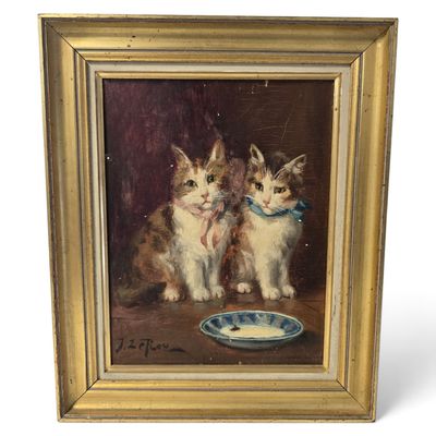 painting of two cats sitting next to a bowl of milk