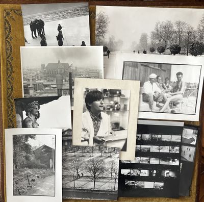 several old black and white photos of people sitting on a bench