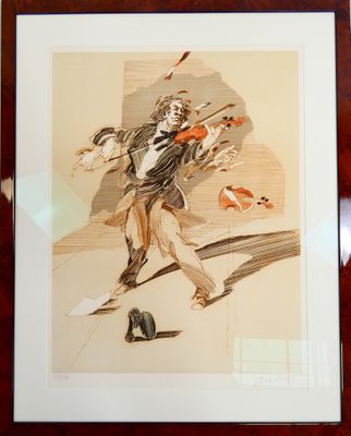 tableau représentant un homme jouant du violon sur une table, en compagnie d'un chat