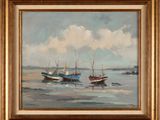an oil painting of three boats floating in the water