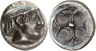 a silver coin with an image of a man and a woman on it